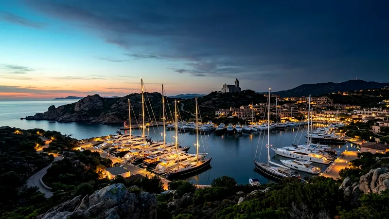 Porto Cervo marina with lit yachts and granite headlands at twilight.