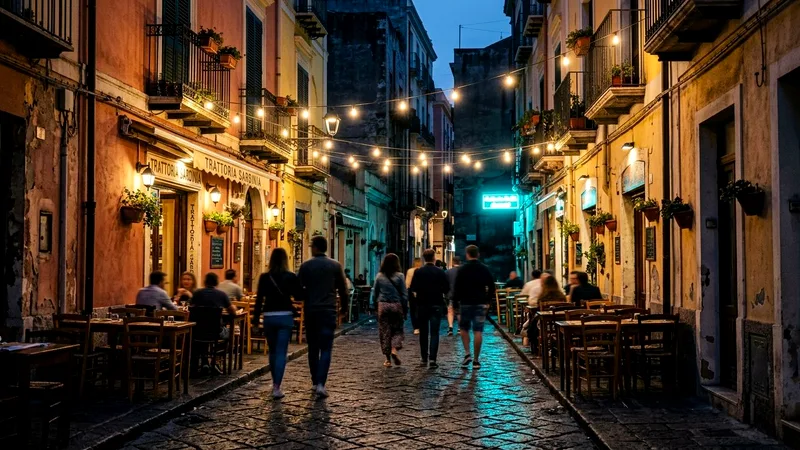 Narrow lit lane with café tables in Cagliari's Marina district at evening.